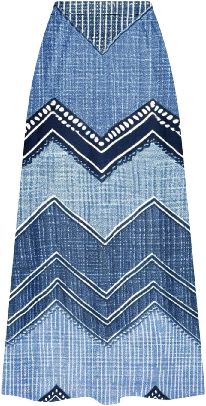 Womens Denim Printed Elastic Belt Curvy Women Pleated Pocket Skirt Calf Skirt Flowy Pleated Dresses with Belt Pockets