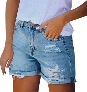 Women's Denim Shorts High Waisted Solid Stretchy Casual Boyfriend Jean Shorts with Pockets Raw Hem Slim Shorts Womens Shorts for Summer Dressy