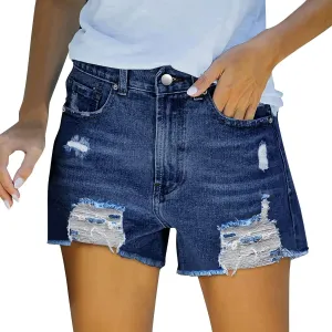 Women's Denim Shorts High Waisted Stretchy Plain Color Casual Vintage Jeans Shorts with Pockets Frayed Hem Slim Shorts Summer Shorts for Women