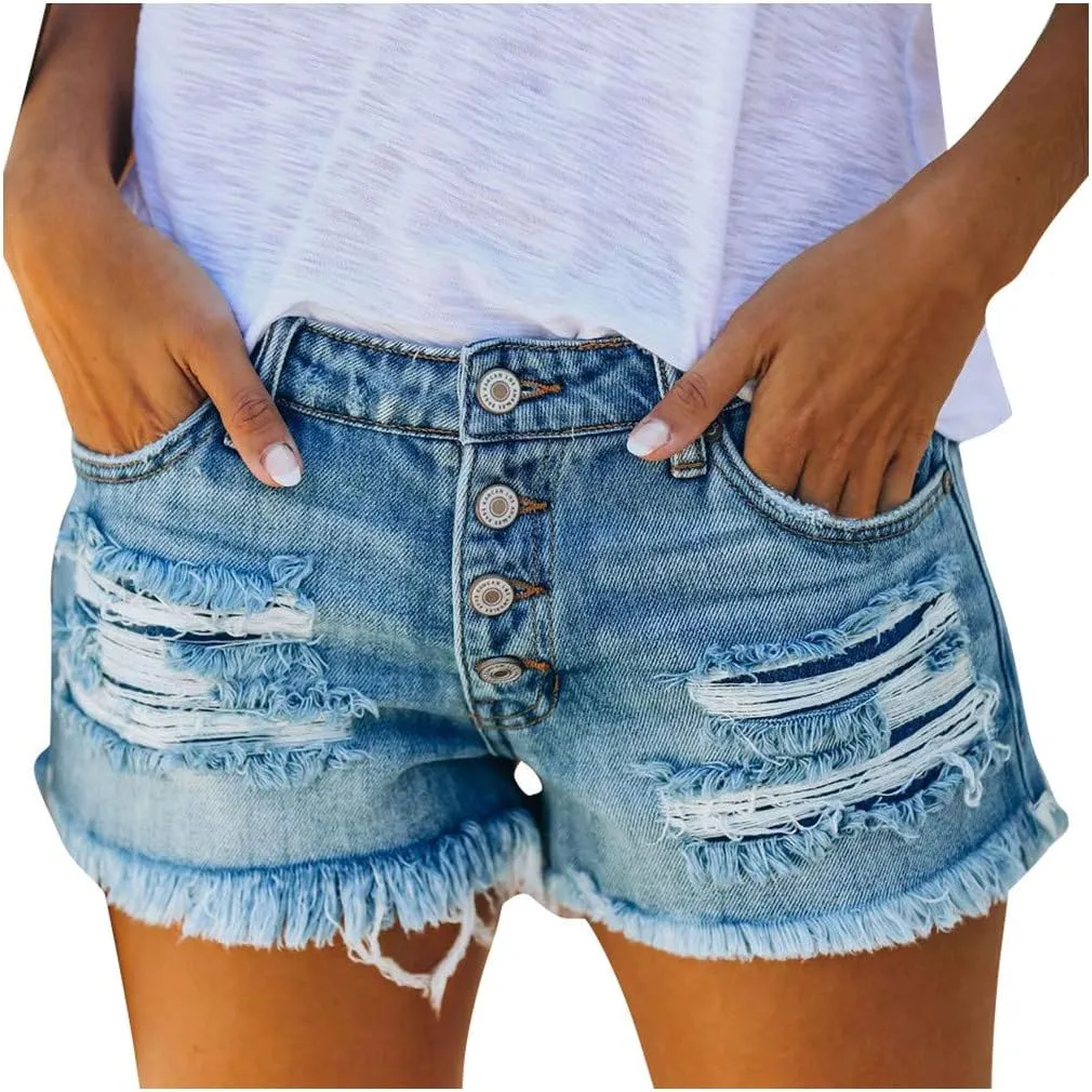 Women's Denim Shorts Stretchy High Waisted Solid Fashionable Mom Jean Shorts with Pockets Fray Hem Hot Short Pants Womens Shorts for Summer Dressy