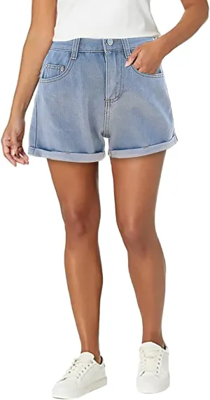Womens Denim Shorts Stretchy High Waisted Summer Beach Jean Shorts Trendy Folded Hem Casual Loose Fit Short Jeans