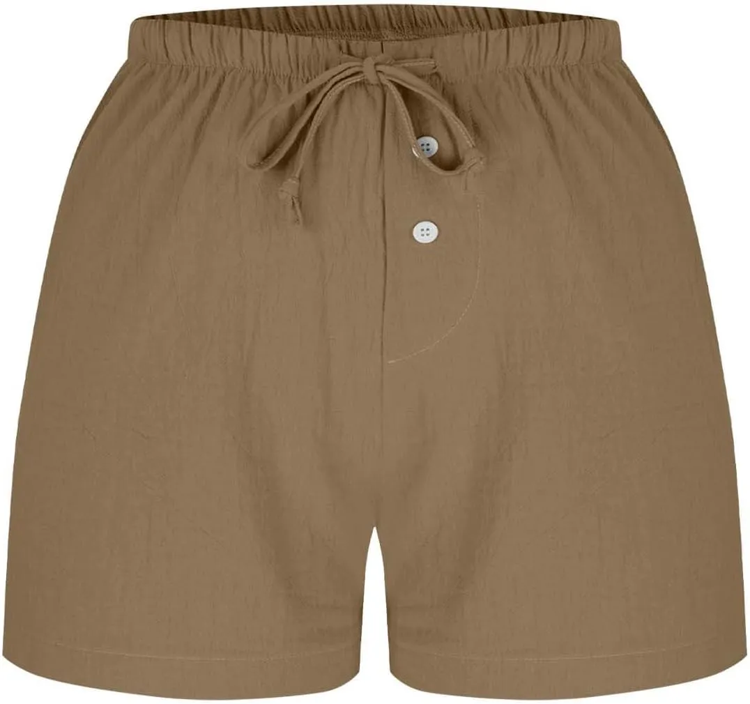 Women's Drawstring Sweat High Waisted Linen Shorts Comfy Elastic Waist Shorts Summer Pull On Clothes with Button