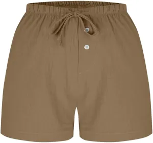 Women's Drawstring Sweat High Waisted Linen Shorts Comfy Elastic Waist Shorts Summer Pull On Clothes with Button