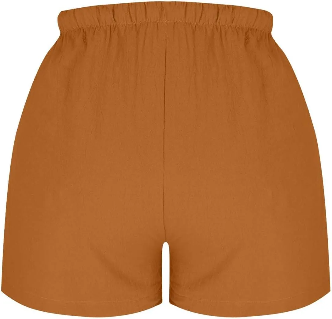 Women's Drawstring Sweat High Waisted Linen Shorts Comfy Elastic Waist Shorts Summer Pull On Clothes with Button