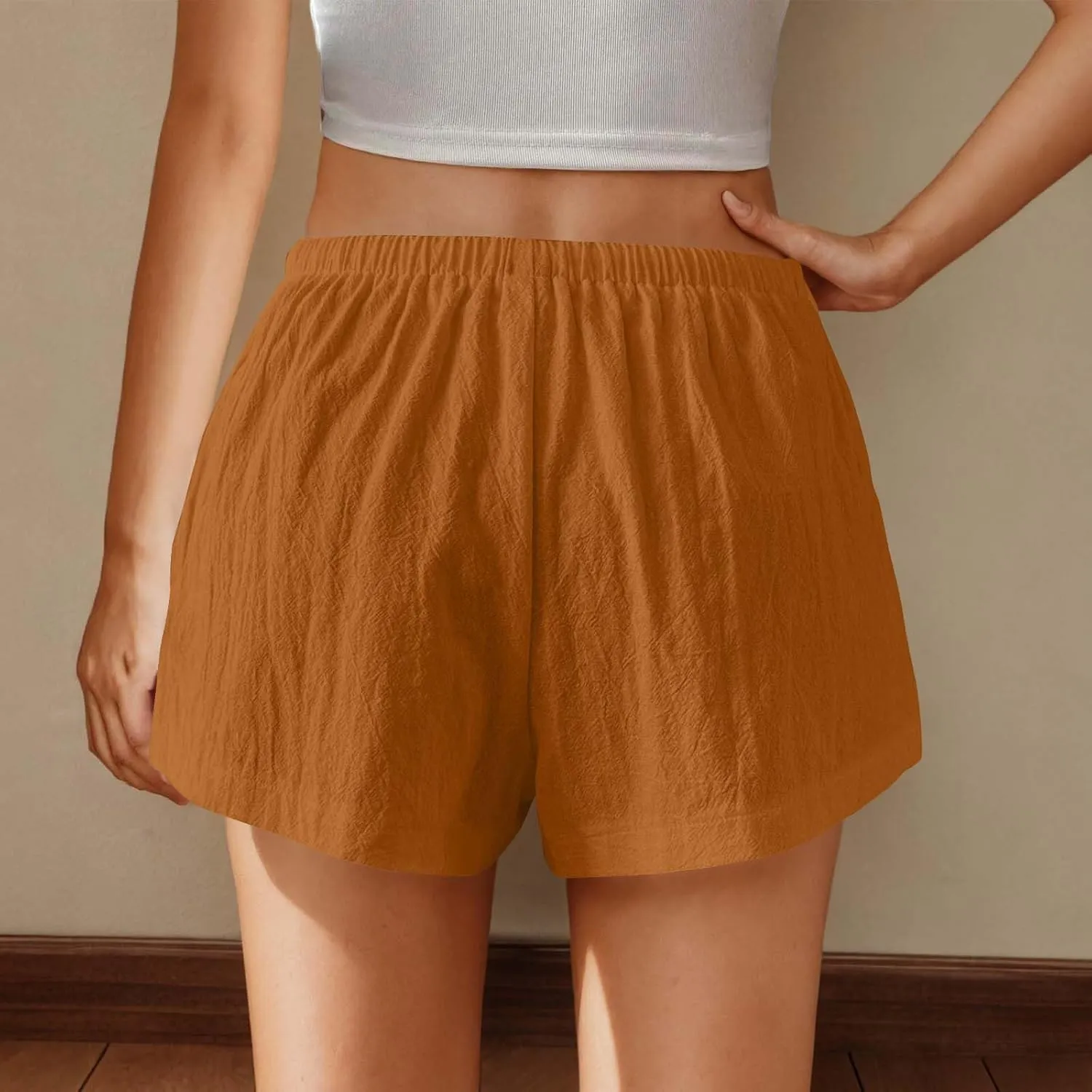 Women's Drawstring Sweat High Waisted Linen Shorts Comfy Elastic Waist Shorts Summer Pull On Clothes with Button