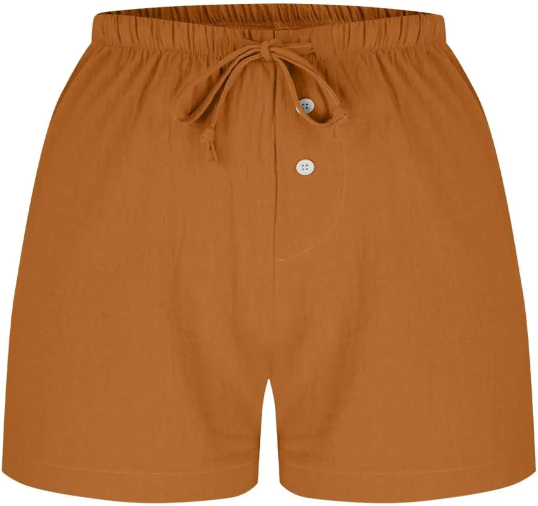 Women's Drawstring Sweat High Waisted Linen Shorts Comfy Elastic Waist Shorts Summer Pull On Clothes with Button