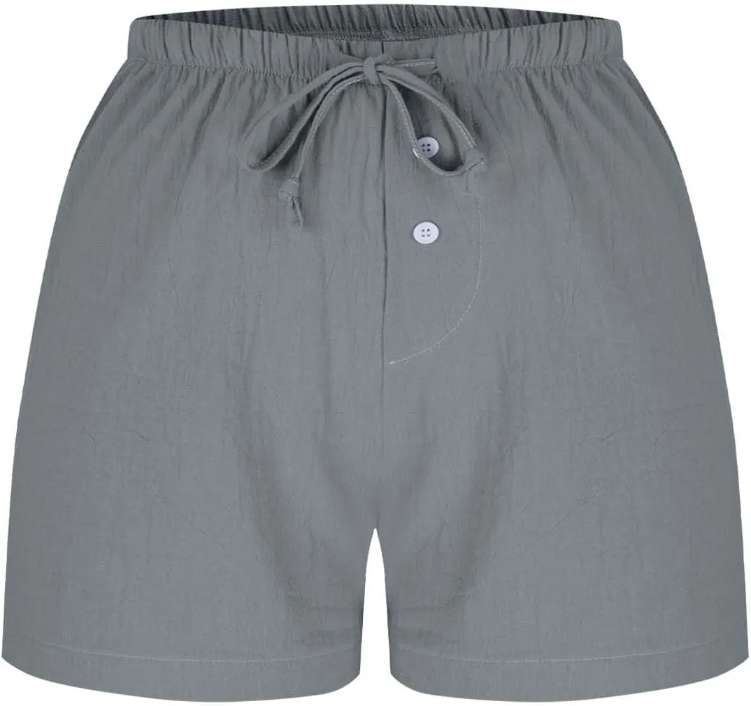 Women's Drawstring Sweat High Waisted Linen Shorts Comfy Elastic Waist Shorts Summer Pull On Clothes with Button