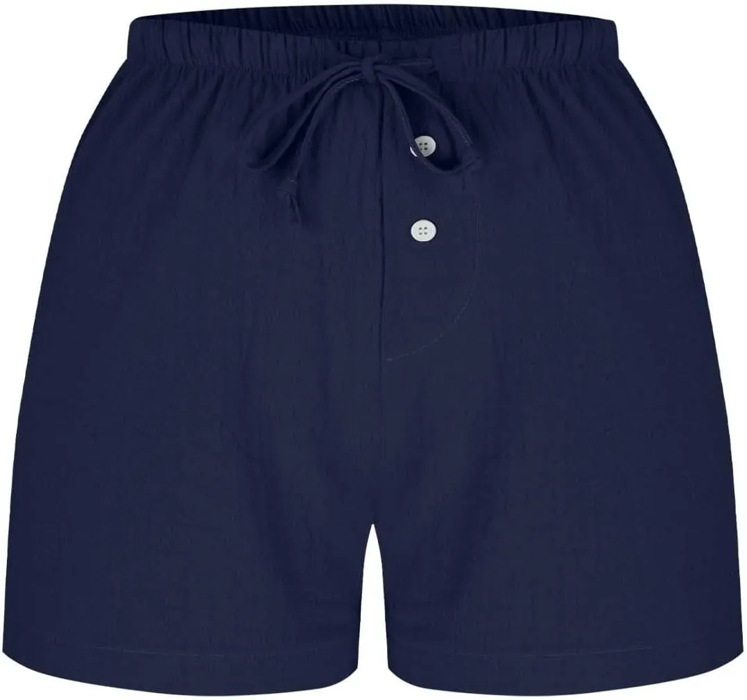 Women's Drawstring Sweat High Waisted Linen Shorts Comfy Elastic Waist Shorts Summer Pull On Clothes with Button