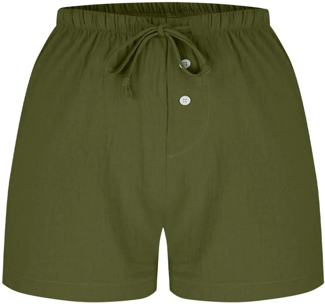 Women's Drawstring Sweat High Waisted Linen Shorts Comfy Elastic Waist Shorts Summer Pull On Clothes with Button