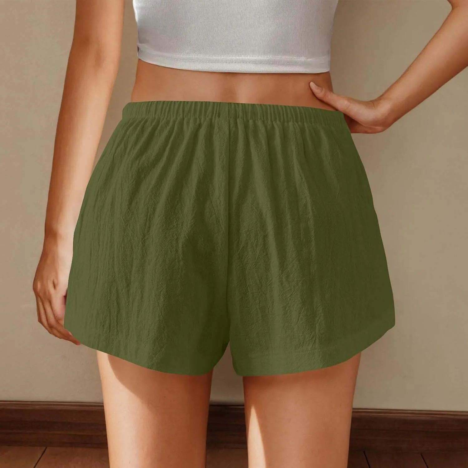 Women's Drawstring Sweat High Waisted Linen Shorts Comfy Elastic Waist Shorts Summer Pull On Clothes with Button