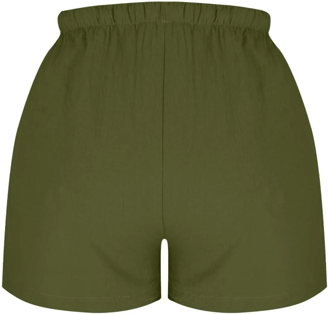 Women's Drawstring Sweat High Waisted Linen Shorts Comfy Elastic Waist Shorts Summer Pull On Clothes with Button