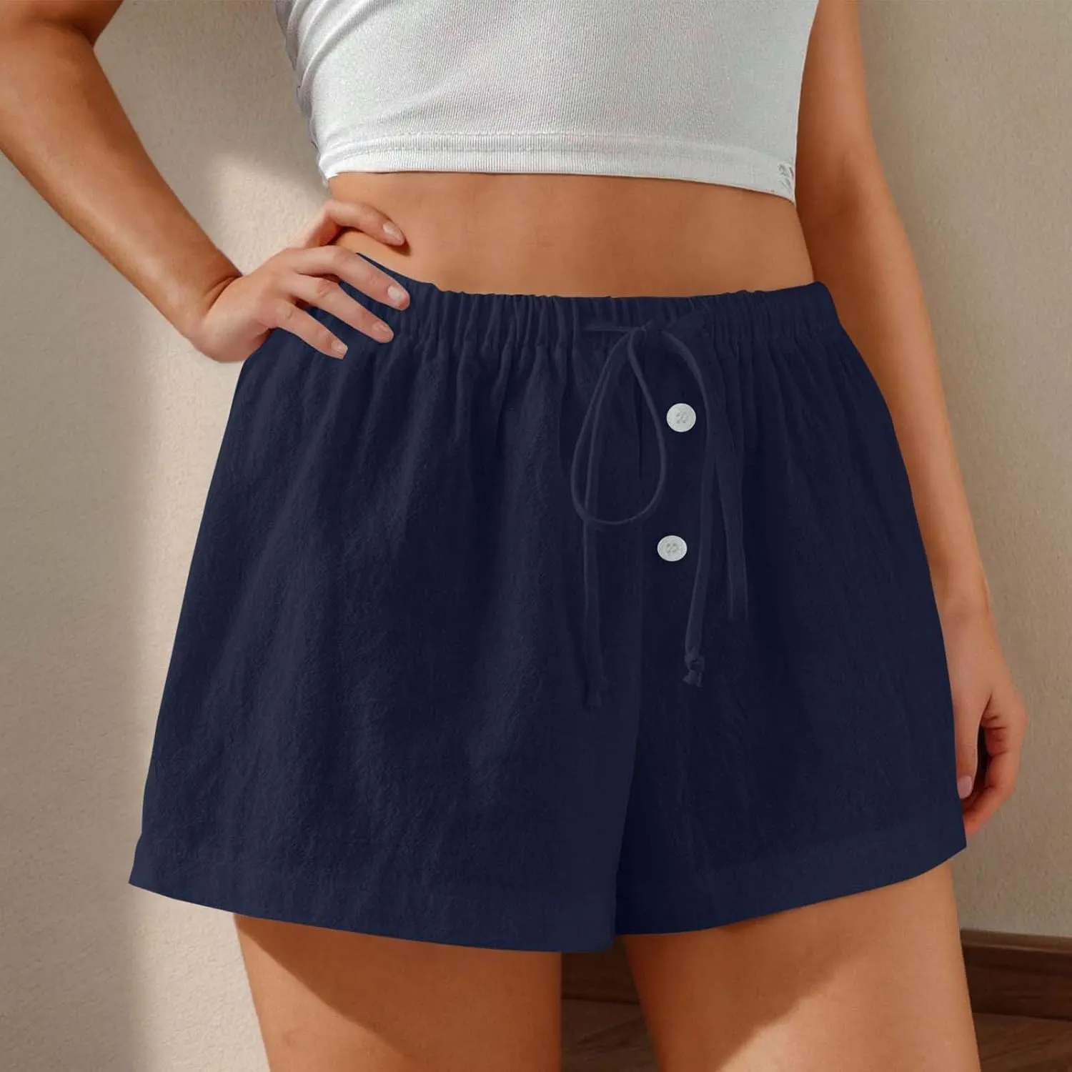 Women's Drawstring Sweat High Waisted Linen Shorts Comfy Elastic Waist Shorts Summer Pull On Clothes with Button