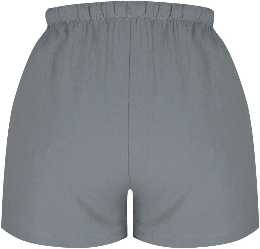 Women's Drawstring Sweat High Waisted Linen Shorts Comfy Elastic Waist Shorts Summer Pull On Clothes with Button