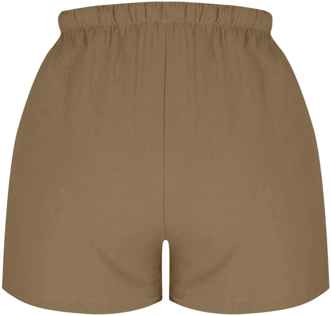 Women's Drawstring Sweat High Waisted Linen Shorts Comfy Elastic Waist Shorts Summer Pull On Clothes with Button