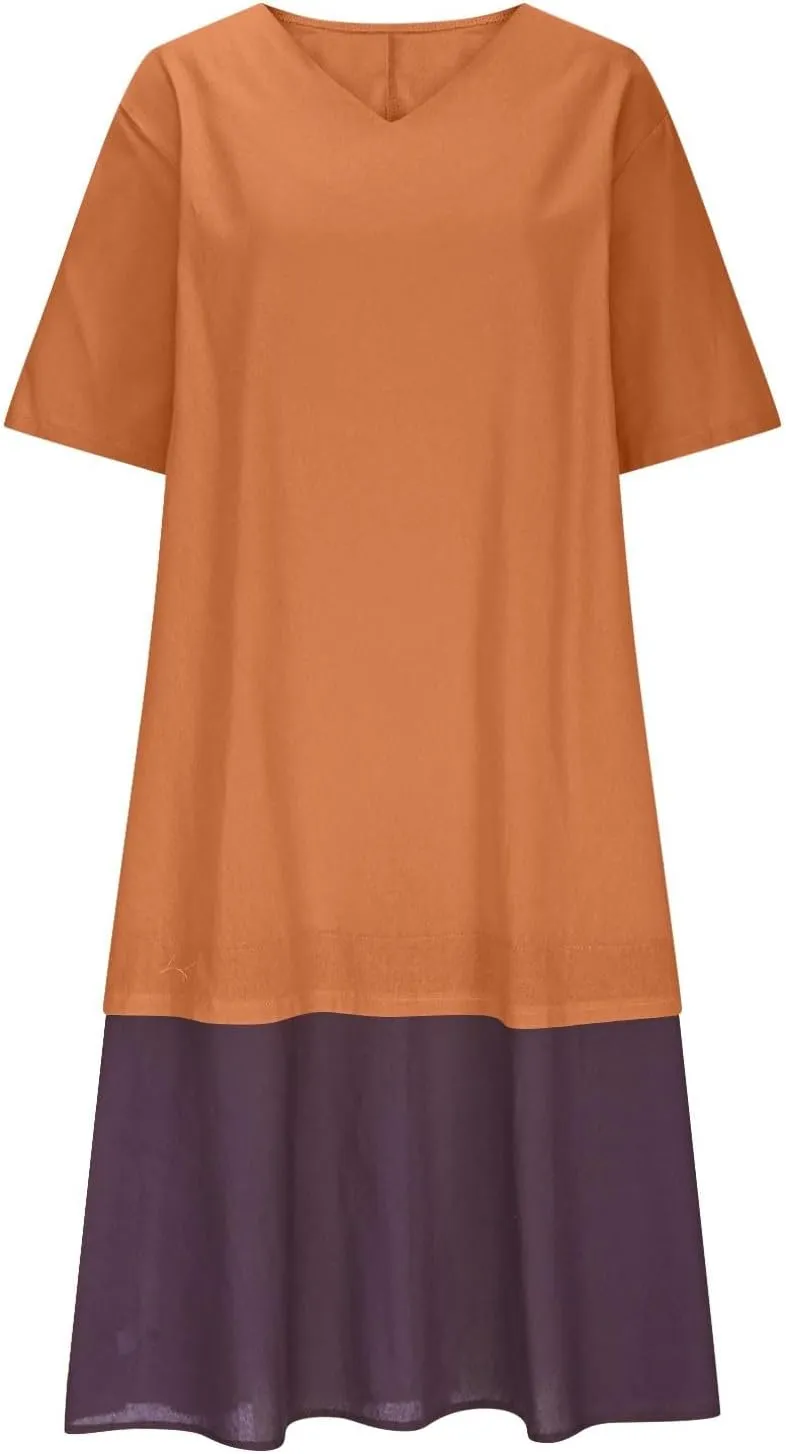 Womens Dresses Casual Midi Half Sleeves Dress Lightweight Splicing Fashion Casual Cute Plus Size Sundress