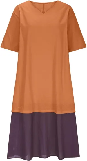 Womens Dresses Casual Midi Half Sleeves Dress Lightweight Splicing Fashion Casual Cute Plus Size Sundress