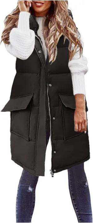 Womens Fall Fashion Solid Puffer Coat Vest Mid Length Sleeveless Down Jacket Slim Versatile Zip Up Outwear with Pocket
