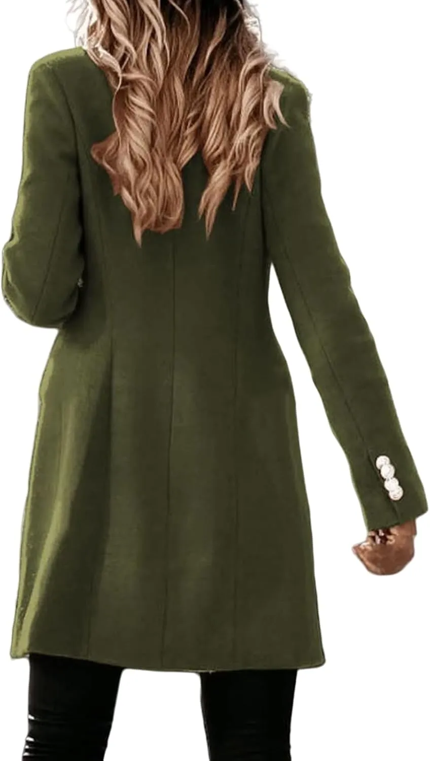 Womens Fall Winter Wool Coat Notch Lapel Double-Breasted Long Trench Coat Casual Peacoat