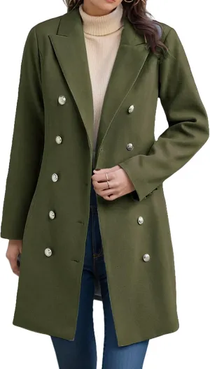 Womens Fall Winter Wool Coat Notch Lapel Double-Breasted Long Trench Coat Casual Peacoat