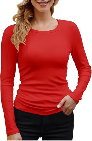 Women's Fashion Casual Solid Color Round Neck Long Sleeve T Shirt Top Workout Shirts Loose