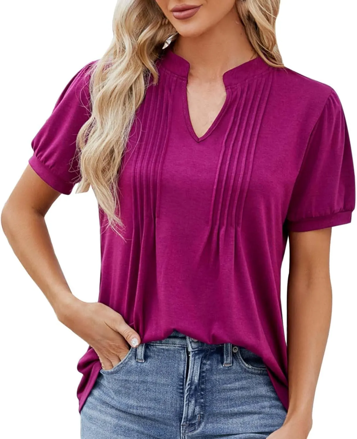 Women's Fashion Casual Solid Color Spring/Summer V Neck Ruffled Stretch Short Sleeved T Long Sleeved Shirts for