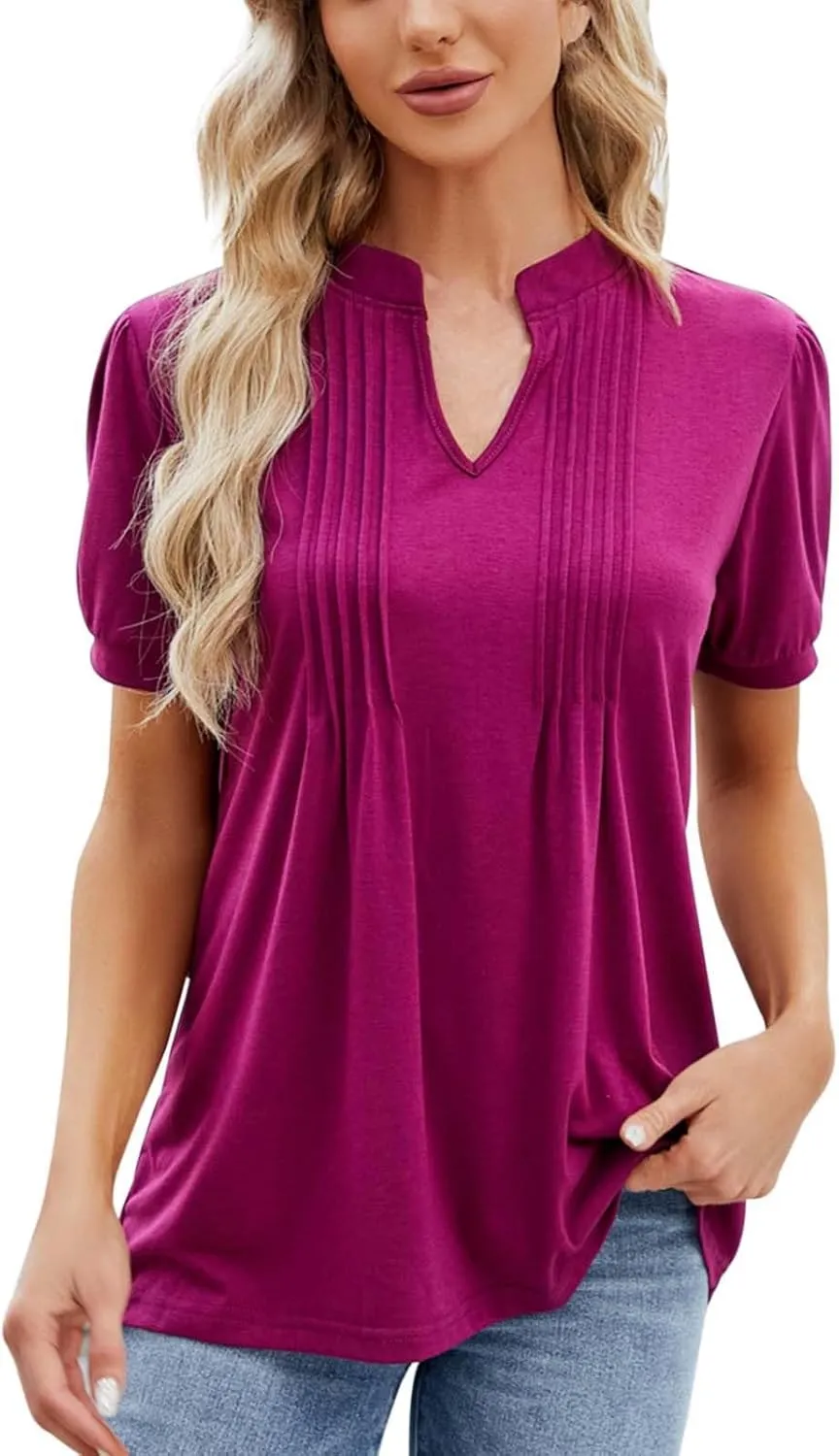 Women's Fashion Casual Solid Color Spring/Summer V Neck Ruffled Stretch Short Sleeved T Long Sleeved Shirts for
