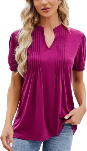Women's Fashion Casual Solid Color Spring/Summer V Neck Ruffled Stretch Short Sleeved T Long Sleeved Shirts for