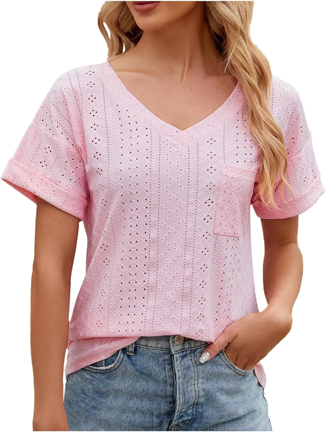 Womens Fashion Casual Tank Top V Neck T Shirts Summer Lace Sleeve Casual Loose T Plus Size Extra Long Tops for