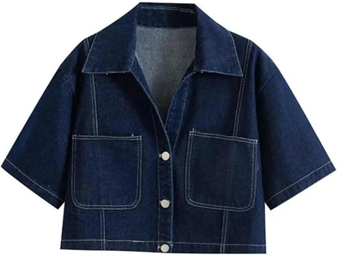 Women's Fashion Cropped Denim Shirt with Pockets Short Sleeve Button-Up Jean Trendy Blouse