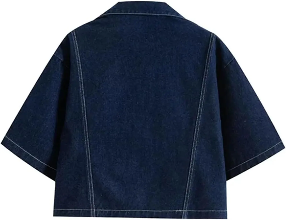 Women's Fashion Cropped Denim Shirt with Pockets Short Sleeve Button-Up Jean Trendy Blouse