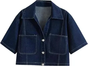 Women's Fashion Cropped Denim Shirt with Pockets Short Sleeve Button-Up Jean Trendy Blouse