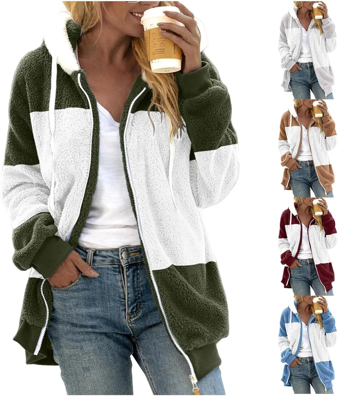 Womens Flannel Fleece Jacket Winter Warm Sherpa Lined Coats with Hood Casual Color Block Zip Jackets