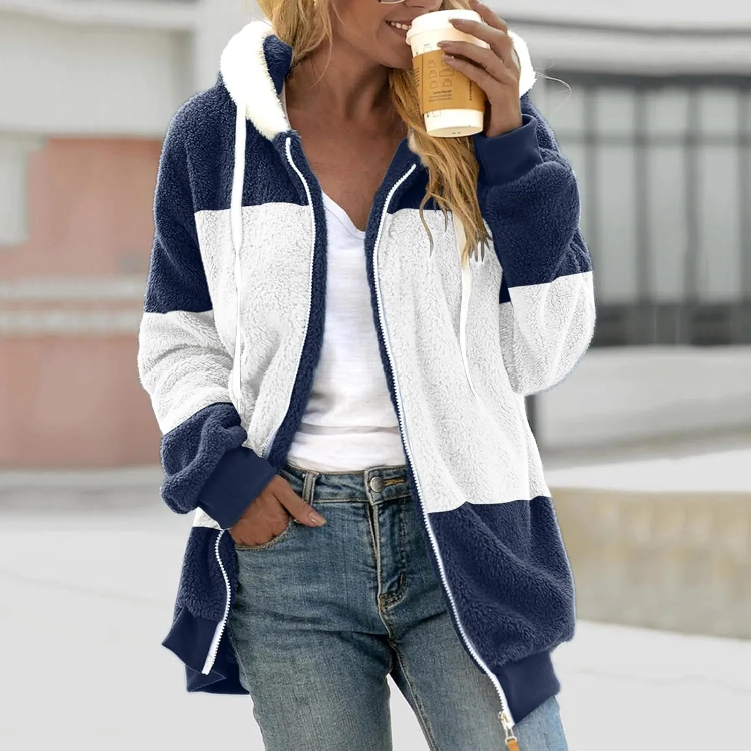 Womens Flannel Fleece Jacket Winter Warm Sherpa Lined Coats with Hood Casual Color Block Zip Jackets