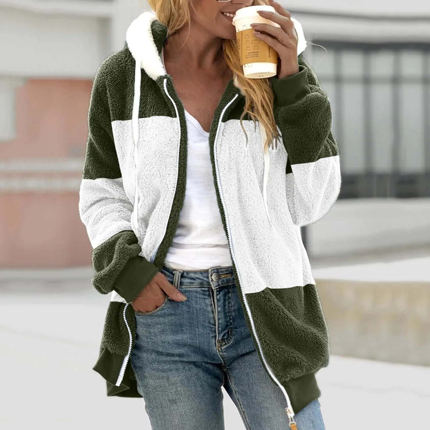Womens Flannel Fleece Jacket Winter Warm Sherpa Lined Coats with Hood Casual Color Block Zip Jackets