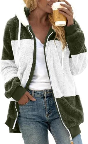 Womens Flannel Fleece Jacket Winter Warm Sherpa Lined Coats with Hood Casual Color Block Zip Jackets
