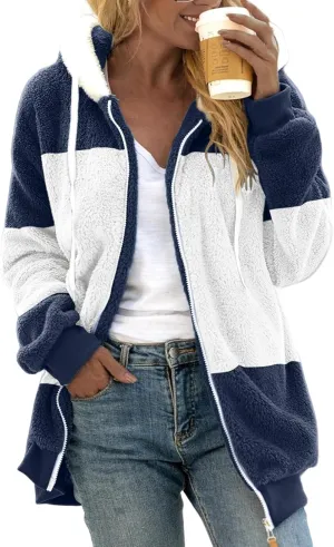 Womens Flannel Fleece Jacket Winter Warm Sherpa Lined Coats with Hood Casual Color Block Zip Jackets