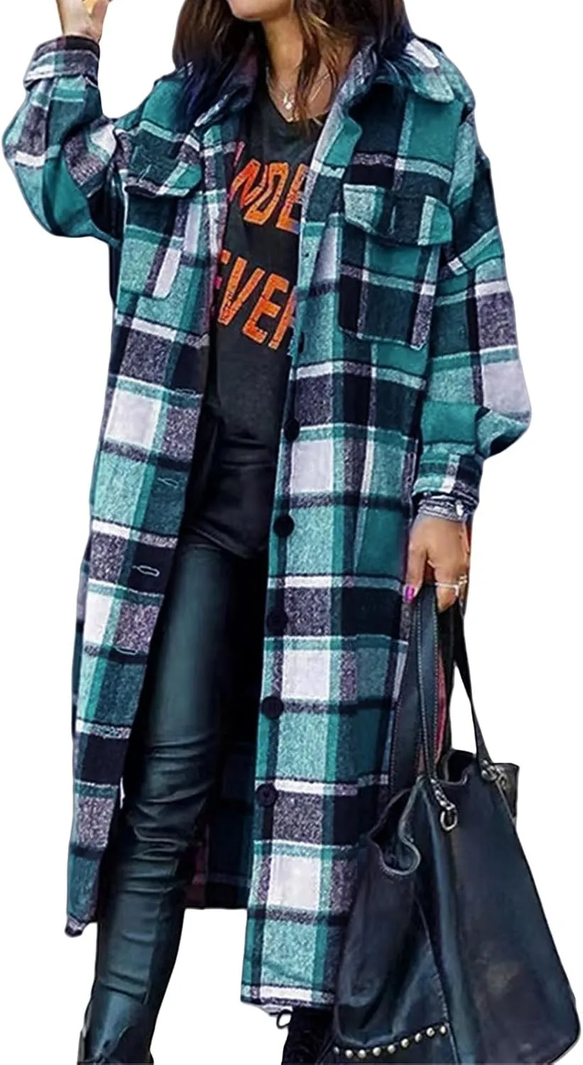 Womens Flannel Plaid Shacket Long Lapel Wool Blend Coat Loose Fit Button Down Lapel Trench Coat