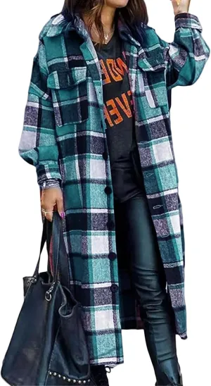 Womens Flannel Plaid Shacket Long Lapel Wool Blend Coat Loose Fit Button Down Lapel Trench Coat