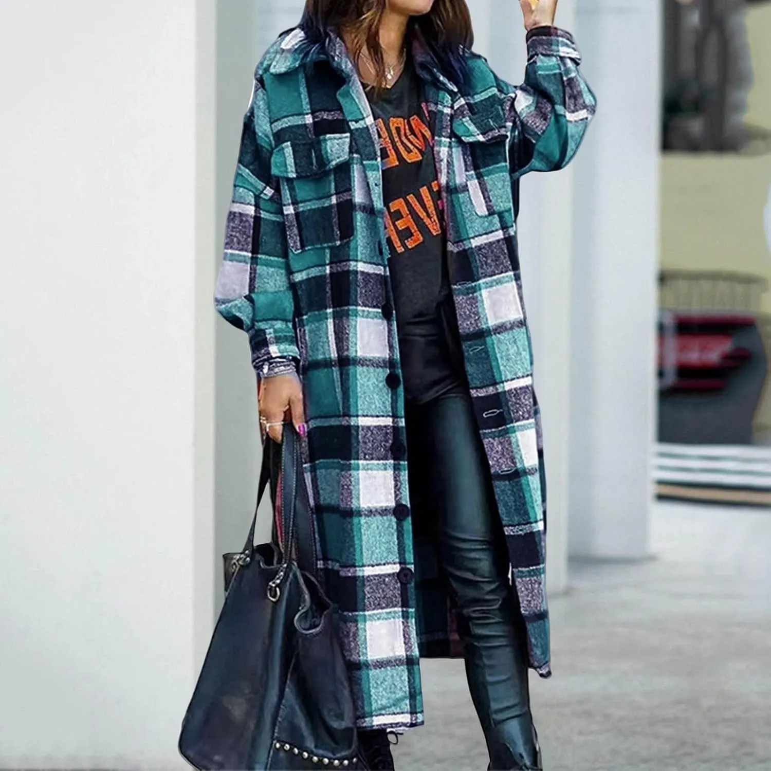 Womens Flannel Plaid Shacket Long Lapel Wool Blend Coat Loose Fit Button Down Lapel Trench Coat