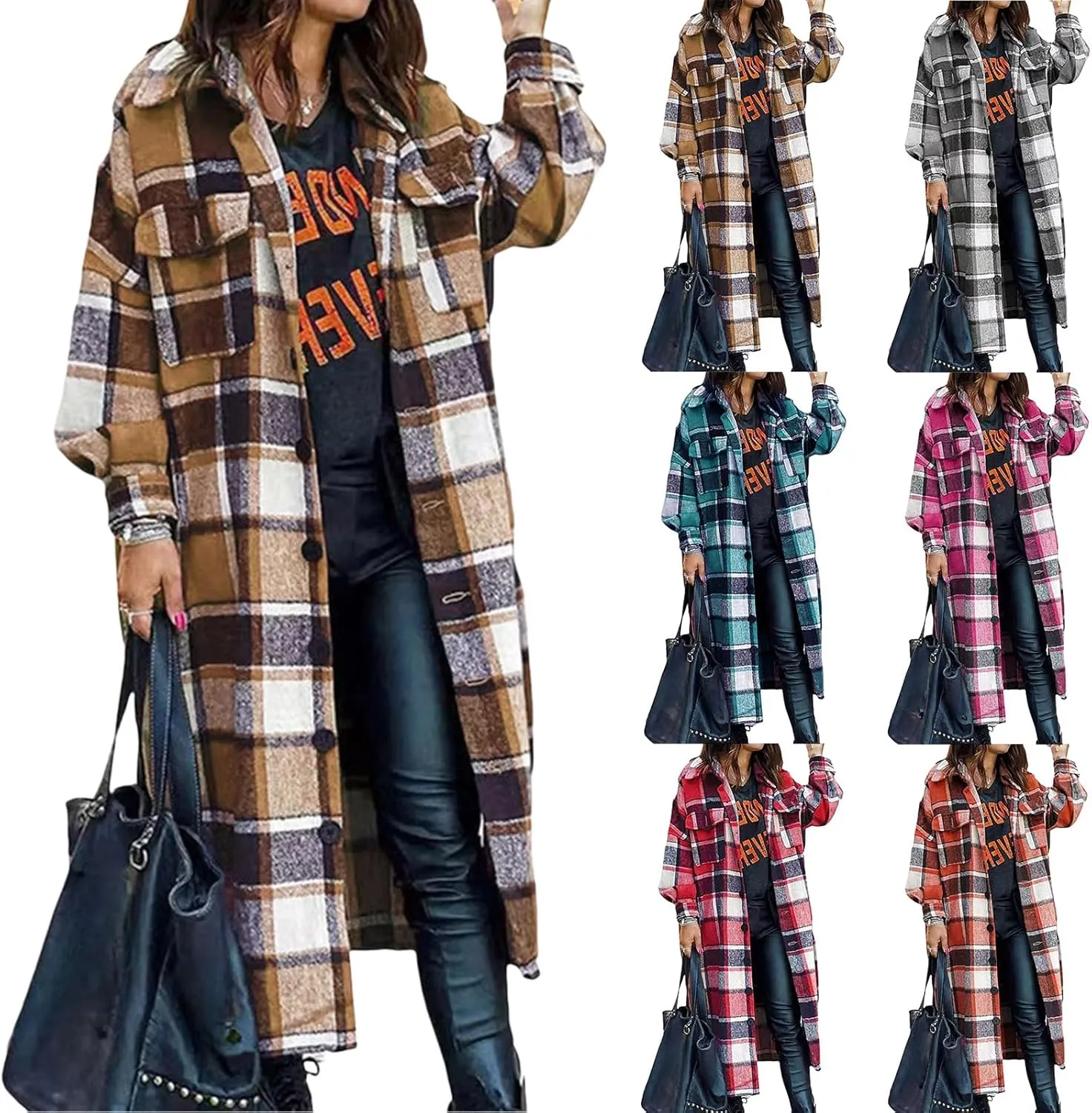 Womens Flannel Plaid Shacket Long Lapel Wool Blend Coat Loose Fit Button Down Lapel Trench Coat