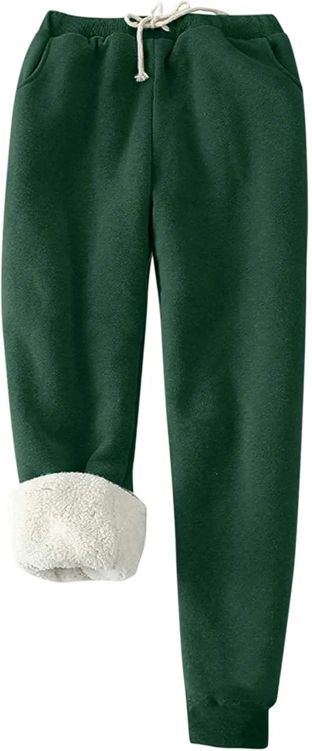 Womens Fleece Sweatpants Sherpa Lined Winter Warm Athletic Jogger Pants Plush Cozy Thermal Leggings with Pockets