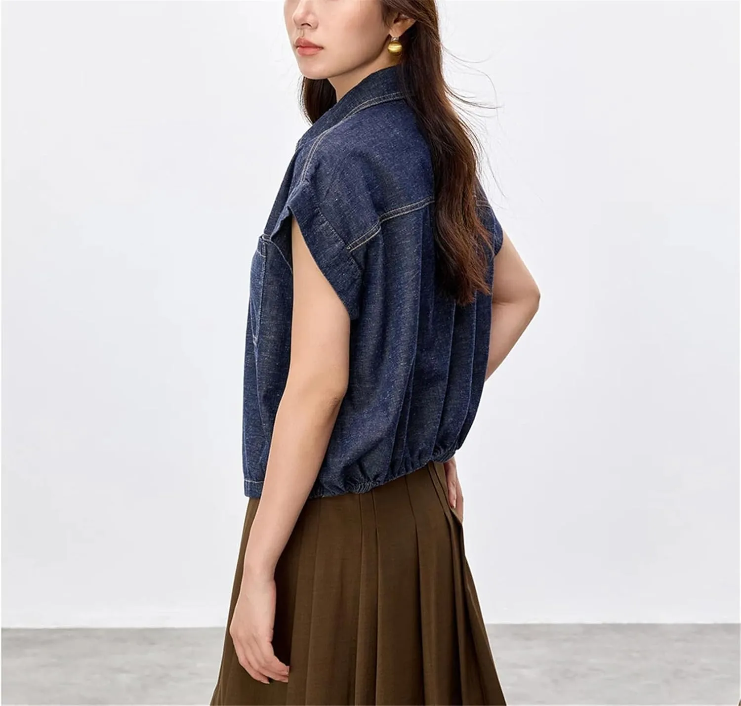 Womens Flying Sleeve Denim Shirt 2025 Spring Summer Vintage Fashion Turn Down Collar Button Loose Jean Outerwear