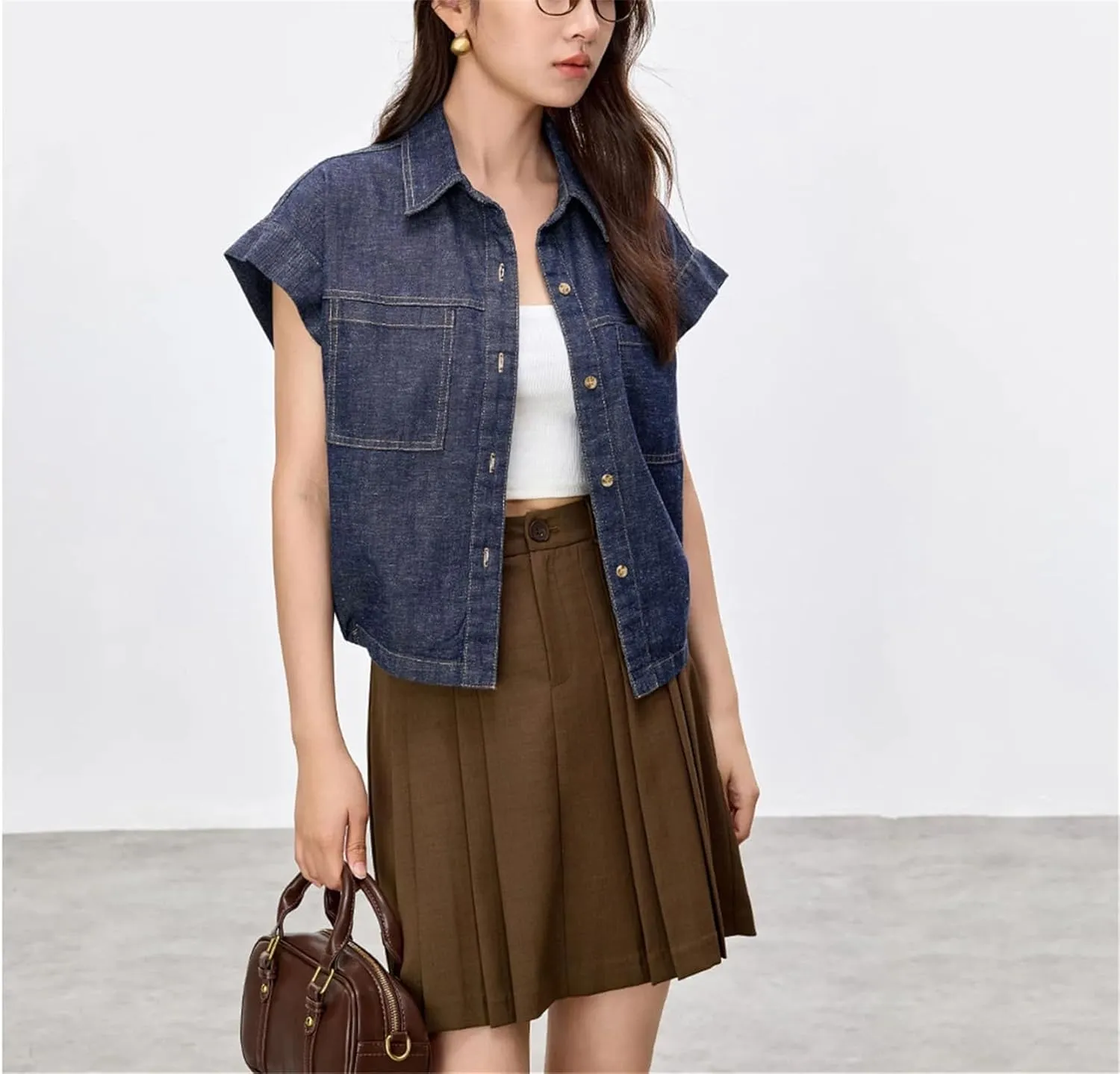 Womens Flying Sleeve Denim Shirt 2025 Spring Summer Vintage Fashion Turn Down Collar Button Loose Jean Outerwear