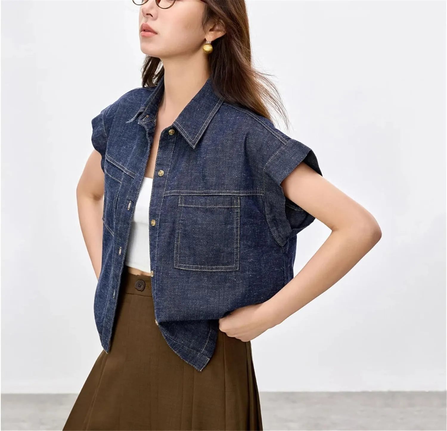 Womens Flying Sleeve Denim Shirt 2025 Spring Summer Vintage Fashion Turn Down Collar Button Loose Jean Outerwear