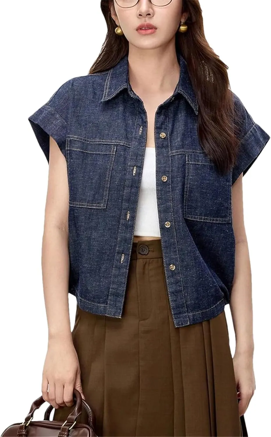 Womens Flying Sleeve Denim Shirt 2025 Spring Summer Vintage Fashion Turn Down Collar Button Loose Jean Outerwear