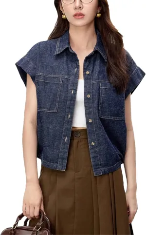 Womens Flying Sleeve Denim Shirt 2025 Spring Summer Vintage Fashion Turn Down Collar Button Loose Jean Outerwear