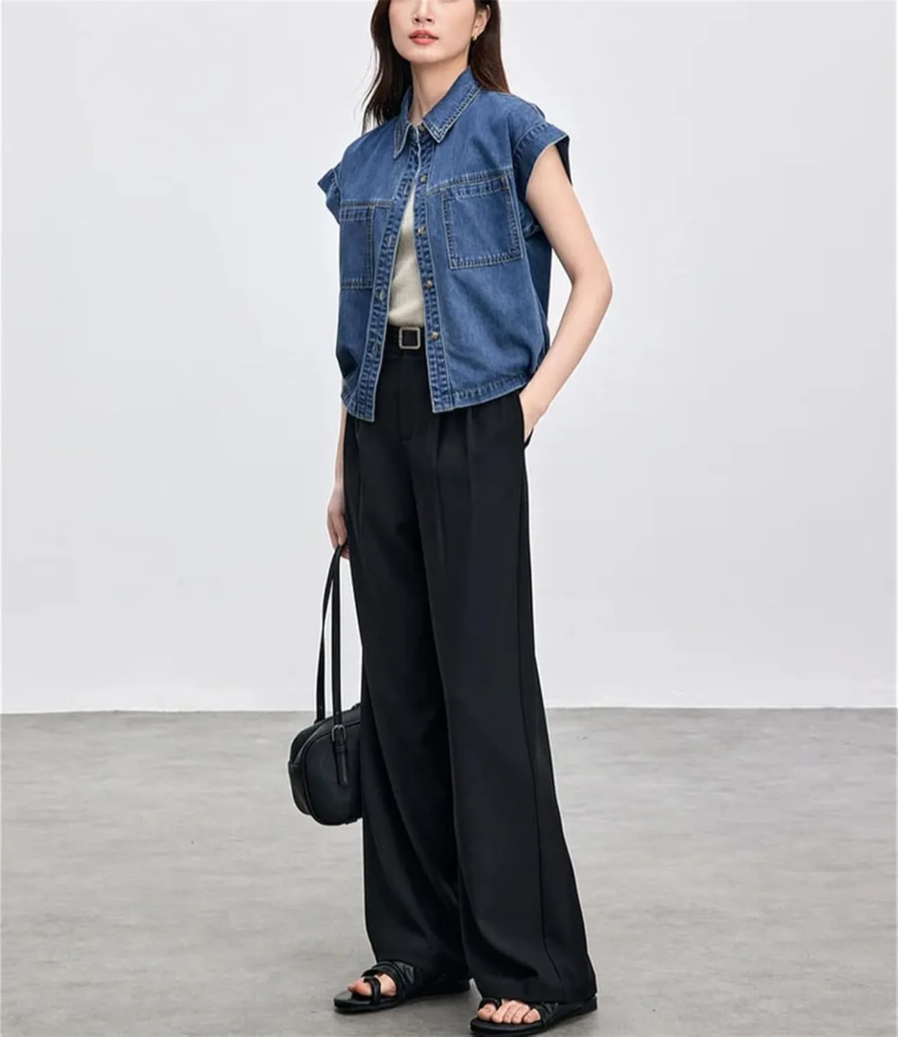 Womens Flying Sleeve Denim Shirt 2025 Spring Summer Vintage Fashion Turn Down Collar Button Loose Jean Outerwear