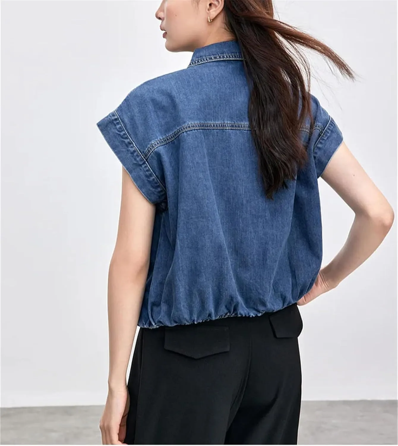 Womens Flying Sleeve Denim Shirt 2025 Spring Summer Vintage Fashion Turn Down Collar Button Loose Jean Outerwear