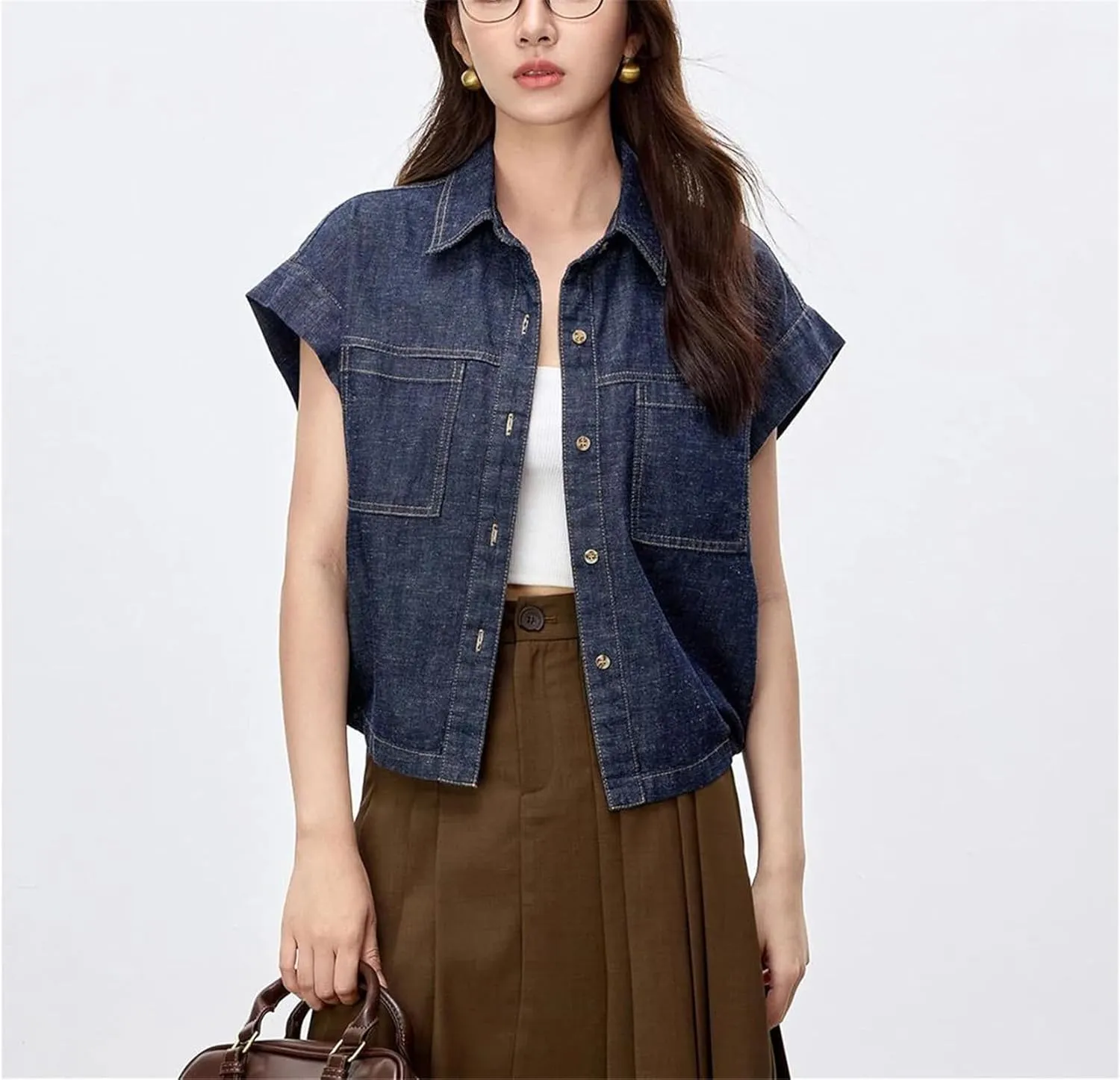 Womens Flying Sleeve Denim Shirt 2025 Spring Summer Vintage Fashion Turn Down Collar Button Loose Jean Outerwear