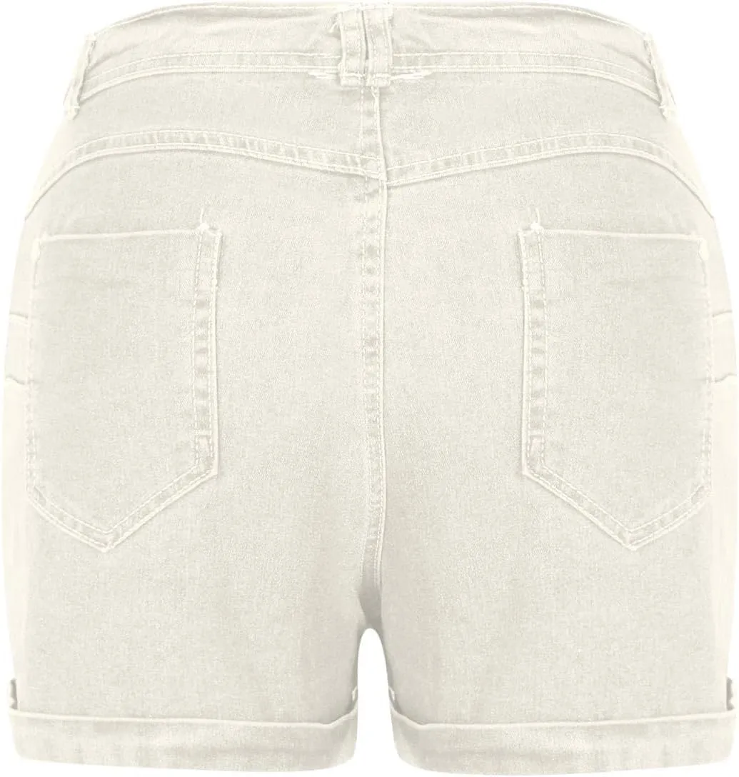 Women's High Waisted Denim Jean Shorts Stretchy Folded Hem Tie Waist Pleated Summer Hot Short Pants